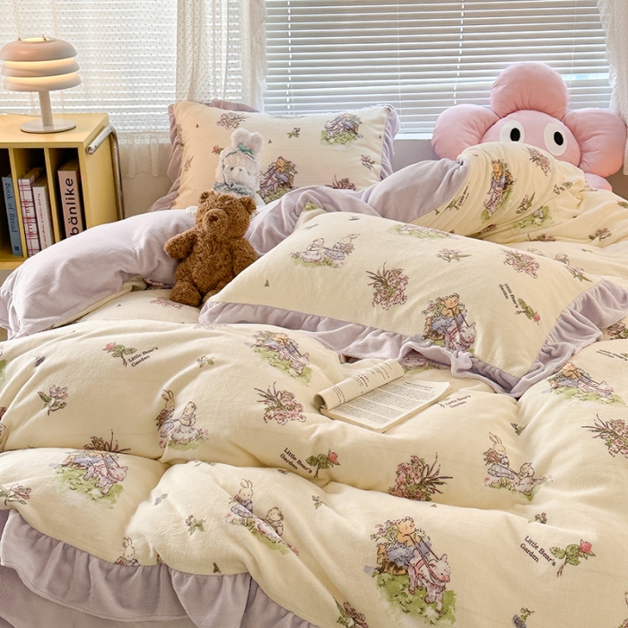 91家纺网 家纺一手货源 找家纺 昔可 2023新款韩系ins花边款牛奶绒四件套 熊熊花园