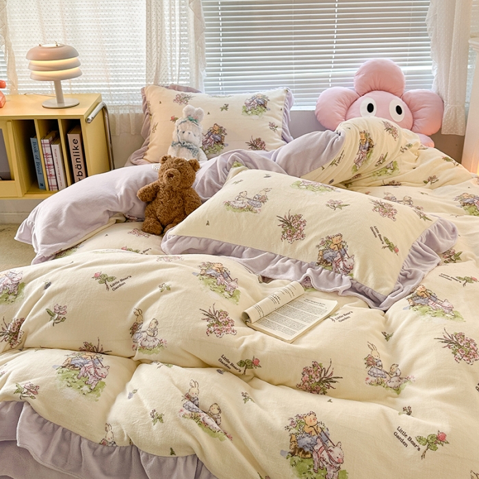 91家纺网 家纺一手货源 找家纺 昔可 2023新款韩系ins花边款牛奶绒四件套 熊熊花园