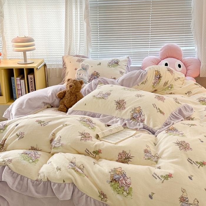 91家纺网 家纺一手货源 找家纺 昔可 2023新款韩系ins花边款牛奶绒四件套 熊熊花园