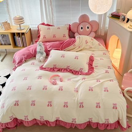 昔可 2023新款韩系ins花边款牛奶绒四件套 一口樱桃