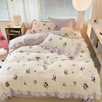 昔可 2023新款韩系ins花边款牛奶绒四件套 紫色葡萄