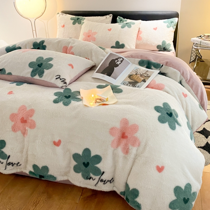 91家纺网 家纺一手货源 找家纺 金奇达 210G牛奶绒多巴胺印象兔绒四件套 水仙花