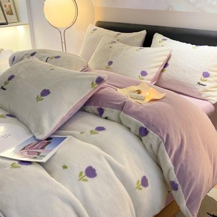 91家纺网 家纺一手货源 找家纺 金奇达 210G牛奶绒多巴胺印象兔绒四件套 温语紫