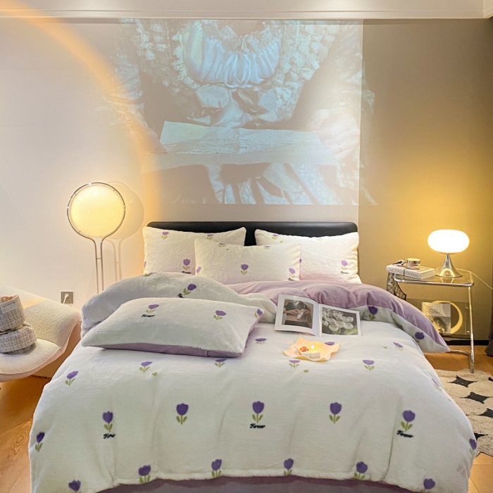 91家纺网 家纺一手货源 找家纺 金奇达 210G牛奶绒多巴胺印象兔绒四件套 温语紫