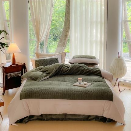 91家纺网 家纺一手货源 找家纺 FOR TWO家纺 2023新款兔毛拼接嵌线系列四件套 焦糖-绿