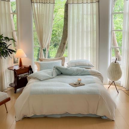 91家纺网 家纺一手货源 找家纺 FOR TWO家纺 2023新款兔毛拼接嵌线系列四件套 焦糖-浅蓝