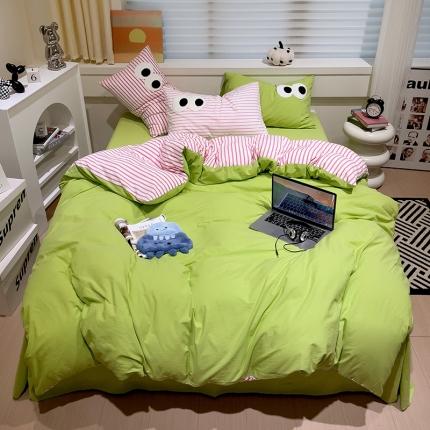 91家纺网 家纺一手货源 找家纺 奈颜 2023新款爆款水洗棉多巴胺混搭大眼毛巾绣四件套 深绿+条纹玫红