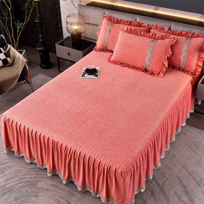 91家纺网 家纺一手货源 找家纺 忘忧草 2023新款安娜系列婴儿绒夹棉浪漫花边床裙 安娜-橘皮粉