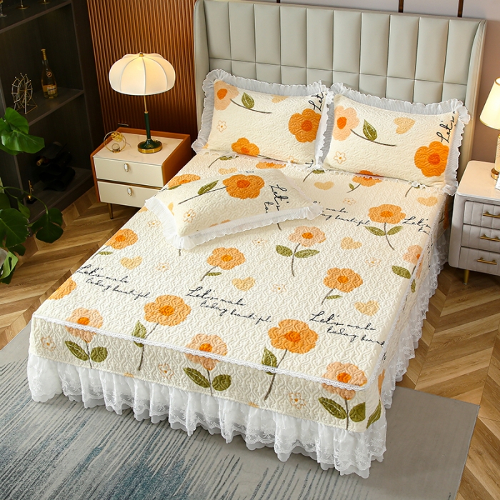 91家纺网 家纺一手货源 找家纺 冬然 2023新款床盖牛奶绒夹棉床裙四件套单床裙单被套 缤纷花园