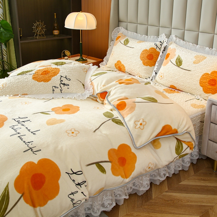 91家纺网 家纺一手货源 找家纺 冬然 2023新款床盖牛奶绒夹棉床裙四件套单床裙单被套 缤纷花园