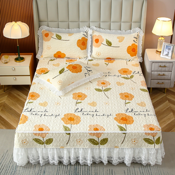 91家纺网 家纺一手货源 找家纺 冬然 2023新款床盖牛奶绒夹棉床裙四件套单床裙单被套 缤纷花园