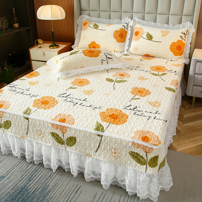 91家纺网 家纺一手货源 找家纺 冬然 2023新款床盖牛奶绒夹棉床裙四件套单床裙单被套 缤纷花园