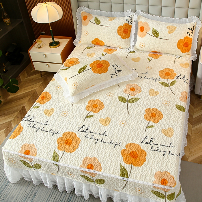 91家纺网 家纺一手货源 找家纺 冬然 2023新款床盖牛奶绒夹棉床裙四件套单床裙单被套 缤纷花园