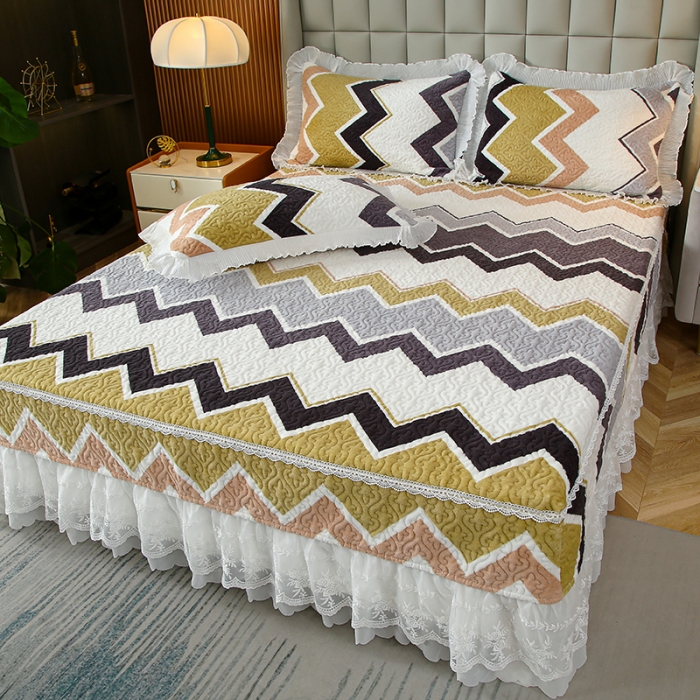 91家纺网 家纺一手货源 找家纺 冬然 2023新款床盖牛奶绒夹棉床裙四件套单床裙单被套 波动