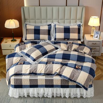 91家纺网 家纺一手货源 找家纺 冬然 2023新款床盖牛奶绒夹棉床裙四件套单床裙单被套 棋盘格