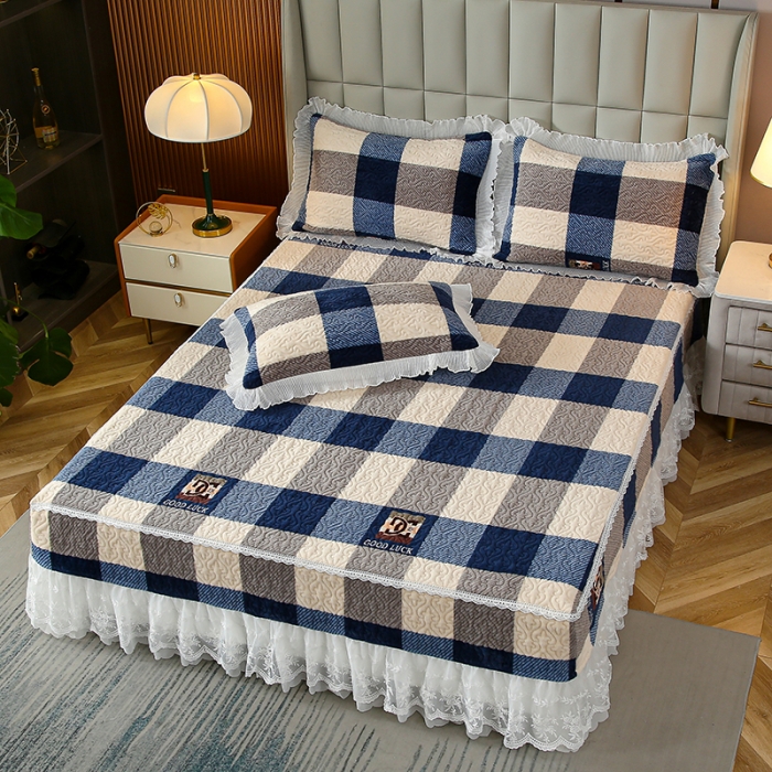 91家纺网 家纺一手货源 找家纺 冬然 2023新款床盖牛奶绒夹棉床裙四件套单床裙单被套 棋盘格