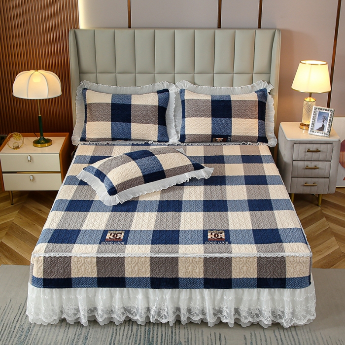 91家纺网 家纺一手货源 找家纺 冬然 2023新款床盖牛奶绒夹棉床裙四件套单床裙单被套 棋盘格