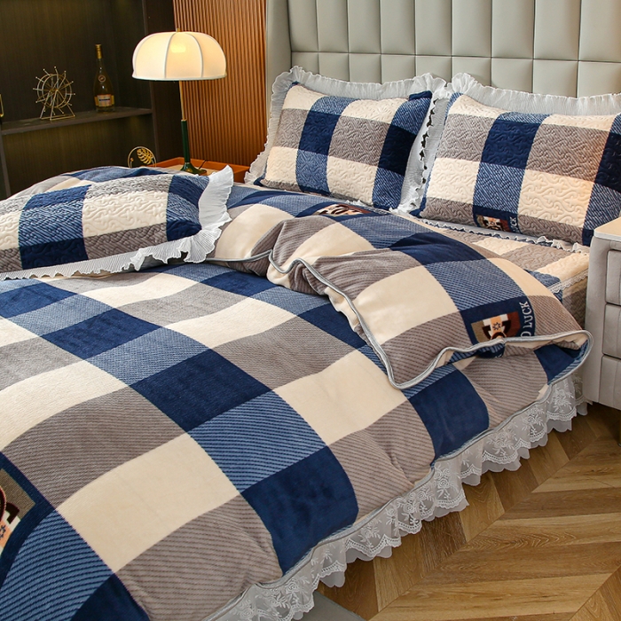 91家纺网 家纺一手货源 找家纺 冬然 2023新款床盖牛奶绒夹棉床裙四件套单床裙单被套 棋盘格