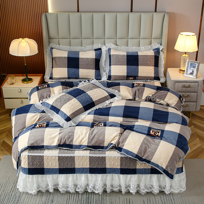 91家纺网 家纺一手货源 找家纺 冬然 2023新款床盖牛奶绒夹棉床裙四件套单床裙单被套 棋盘格