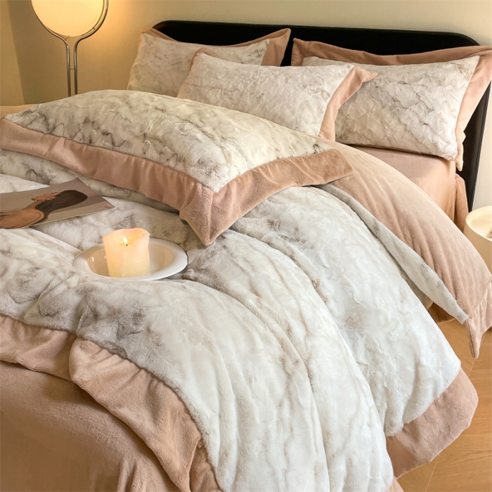 91家纺网 家纺一手货源 找家纺 慕色家纺 2023新款兔毛绒水墨纹绒系列四件套 水墨纹-奶茶咖