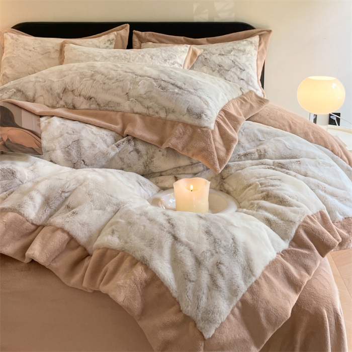 91家纺网 家纺一手货源 找家纺 慕色家纺 2023新款兔毛绒水墨纹绒系列四件套 水墨纹-奶茶咖