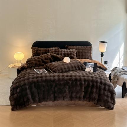 91家纺网 家纺一手货源 找家纺 慕色家纺 2023新款A类泡泡兔毛绒四件套 泡泡绒-摩卡棕+奶茶