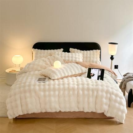 91家纺网 家纺一手货源 找家纺 慕色家纺 2023新款A类泡泡兔毛绒四件套 泡泡绒-奶白咖