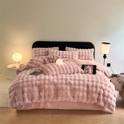 91家纺网 家纺一手货源 找家纺 慕色家纺 2023新款A类泡泡兔毛绒四件套 泡泡绒-浅豆沙