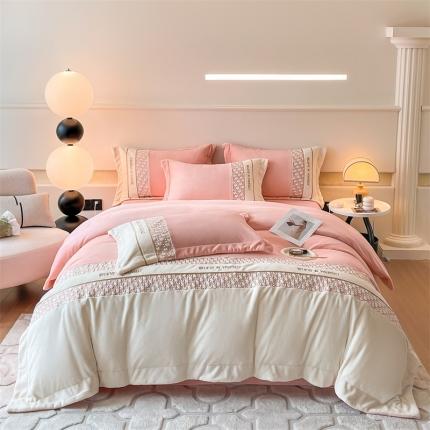 91家纺网 家纺一手货源 找家纺 慕色家纺 2023新款牛奶绒绣花四件套-洛伊 洛伊-奶油粉