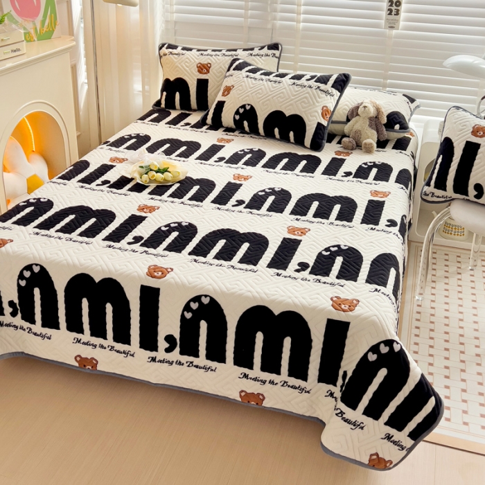 91家纺网 家纺一手货源 找家纺 羽爱 2024新款棉加绒床盖套件 迷你熊-黑