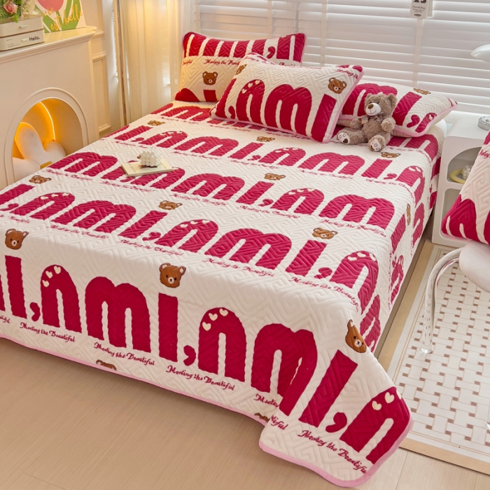 91家纺网 家纺一手货源 找家纺 羽爱 2024新款棉加绒床盖套件 迷你熊-红