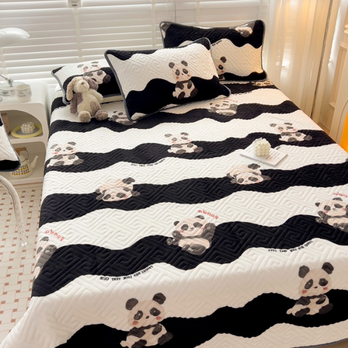 91家纺网 家纺一手货源 找家纺 羽爱 2024新款棉加绒床盖套件 熊猫宝贝