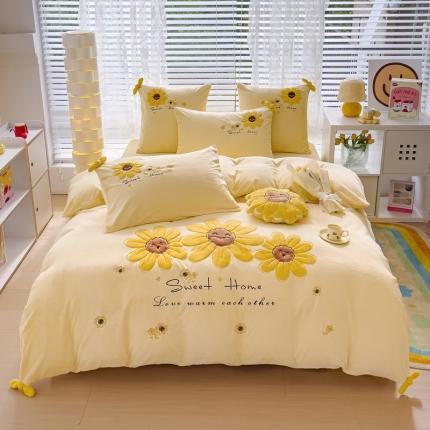 91家纺网 家纺一手货源 找家纺 （总）品家居 2025新款牛奶绒贴布绣四件套-向阳花开