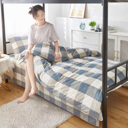 91家纺网 家纺一手货源 找家纺 凌云 2025新款A类230克加厚牛奶绒学生宿舍三件套床笠款床单款 蓝大格