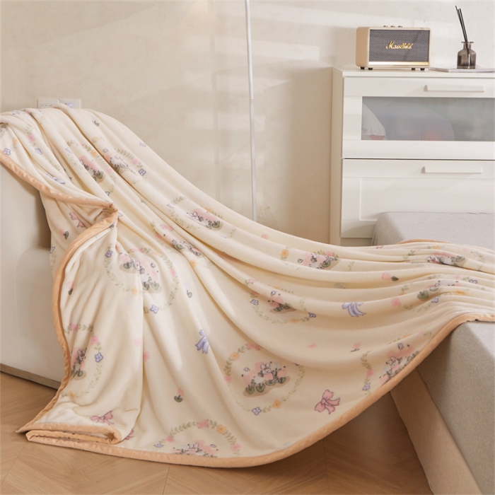 91家纺网 家纺一手货源 找家纺 古吉梦 2023新款A类双面小清新系列牛奶绒毛毯 牛奶绒毯-花园兔