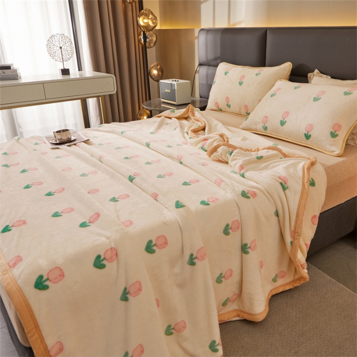 91家纺网 家纺一手货源 找家纺 古吉梦 2023新款A类双面小清新系列牛奶绒毛毯 牛奶绒毯-郁金香粉