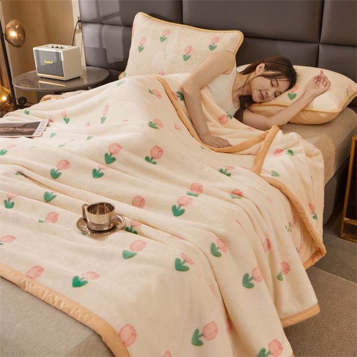 91家纺网 家纺一手货源 找家纺 古吉梦 2023新款A类双面小清新系列牛奶绒毛毯 牛奶绒毯-郁金香粉