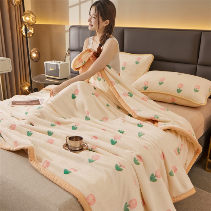 91家纺网 家纺一手货源 找家纺 古吉梦 2023新款A类双面小清新系列牛奶绒毛毯 牛奶绒毯-郁金香粉