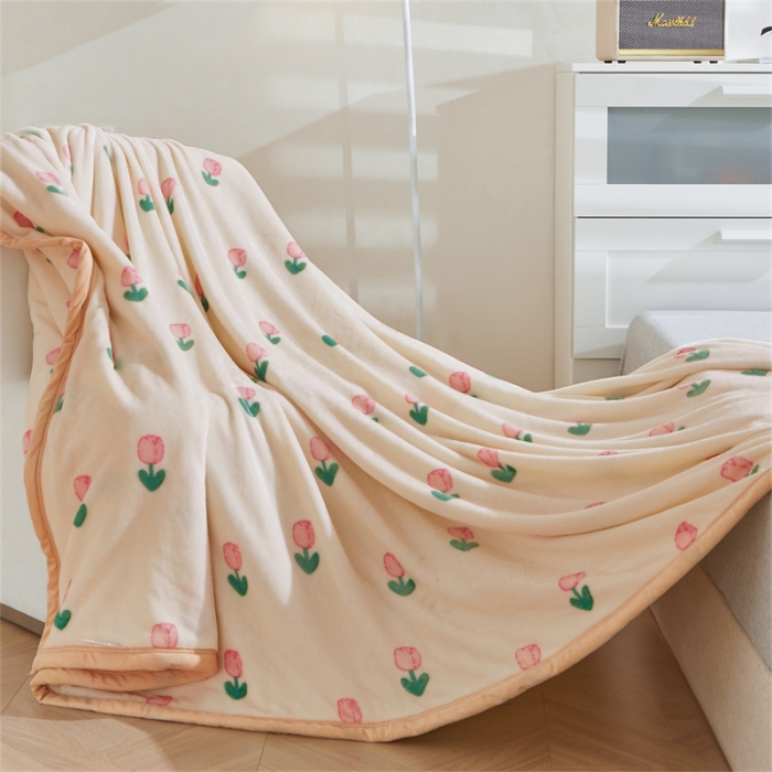 91家纺网 家纺一手货源 找家纺 古吉梦 2023新款A类双面小清新系列牛奶绒毛毯 牛奶绒毯-郁金香粉