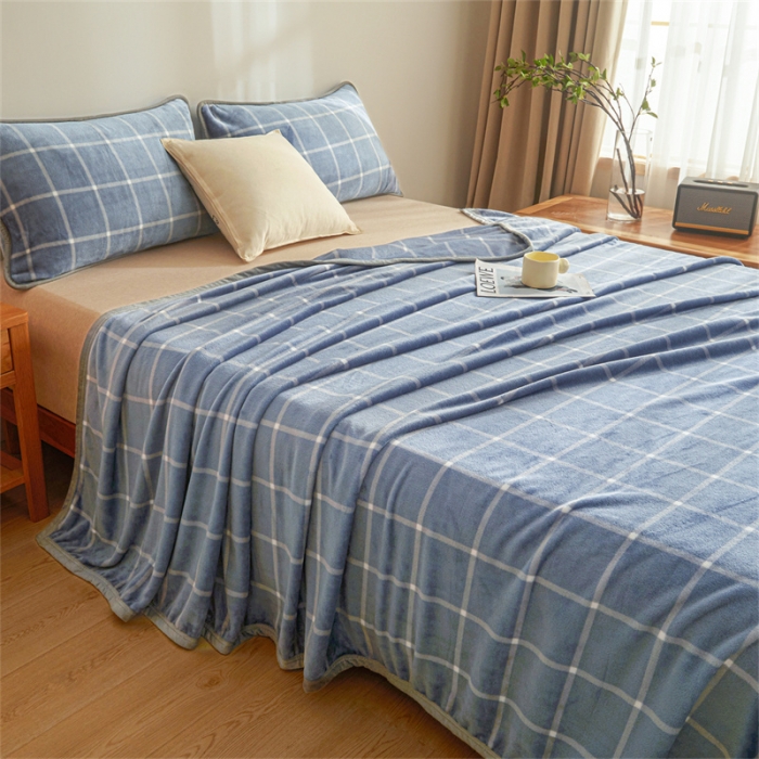 91家纺网 家纺一手货源 找家纺 古吉梦 2023新款A类双面无印风牛奶绒毛毯 毛毯-蓝灰大格