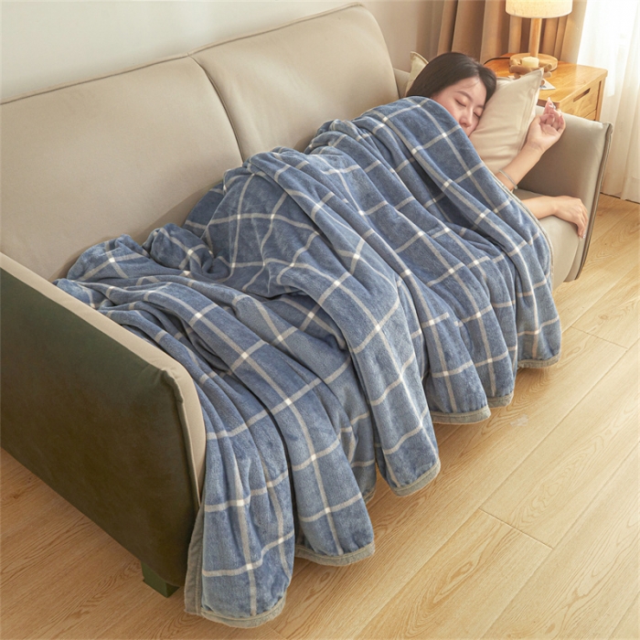 91家纺网 家纺一手货源 找家纺 古吉梦 2023新款A类双面无印风牛奶绒毛毯 毛毯-蓝灰大格