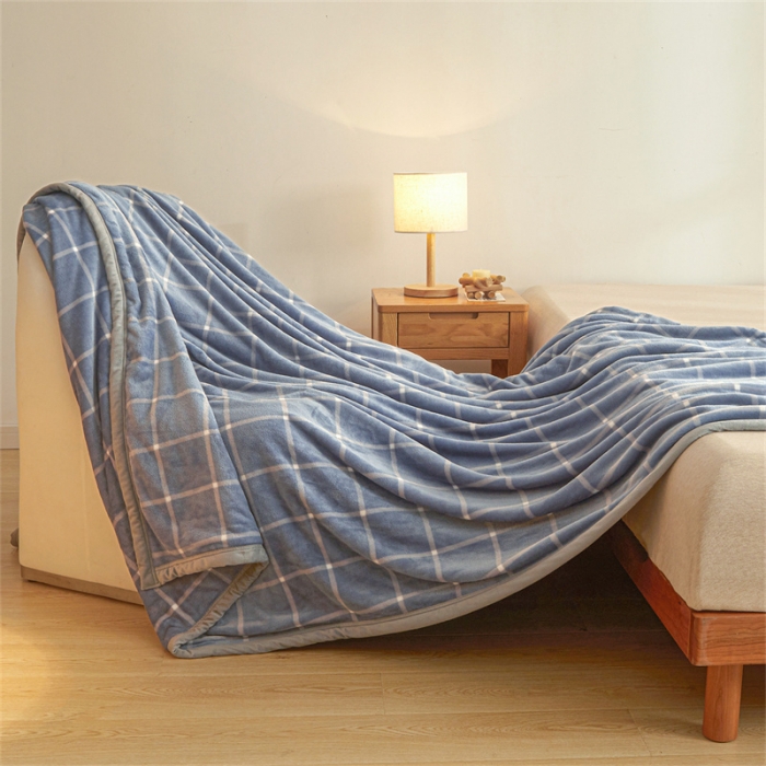 91家纺网 家纺一手货源 找家纺 古吉梦 2023新款A类双面无印风牛奶绒毛毯 毛毯-蓝灰大格