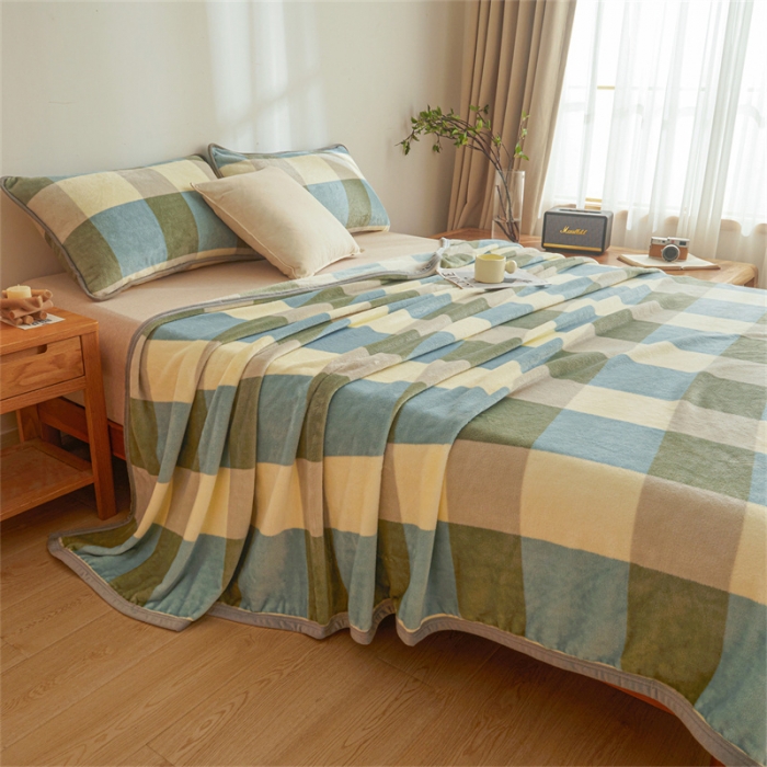 91家纺网 家纺一手货源 找家纺 古吉梦 2023新款A类双面无印风牛奶绒毛毯 毛毯-绿大格