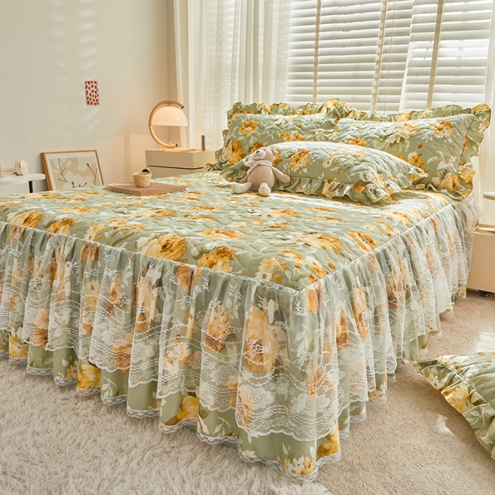 91家纺网 家纺一手货源 找家纺 宜凡 2023新款云朵棉床笠式床裙三件套 秋日盛景