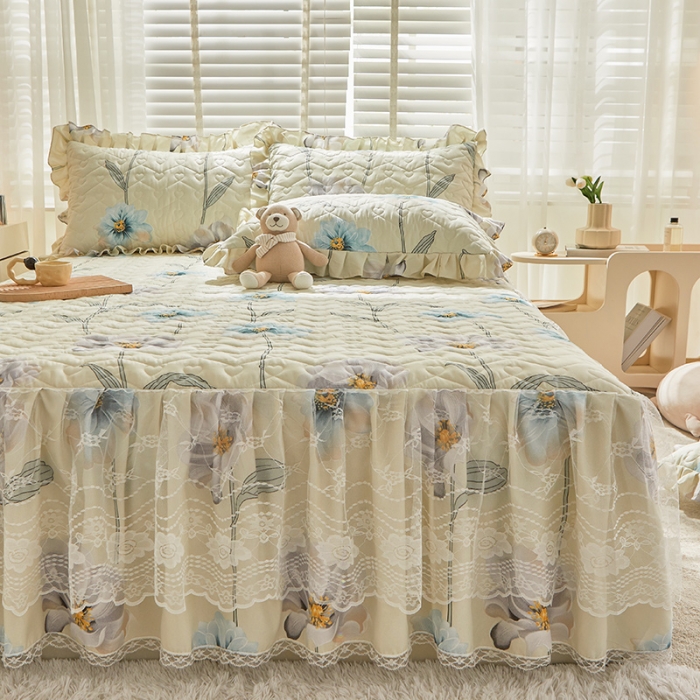 91家纺网 家纺一手货源 找家纺 宜凡 2023新款云朵棉床笠式床裙三件套 忍冬