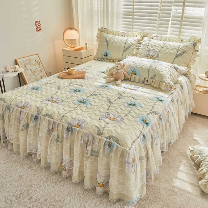 91家纺网 家纺一手货源 找家纺 宜凡 2023新款云朵棉床笠式床裙三件套 忍冬