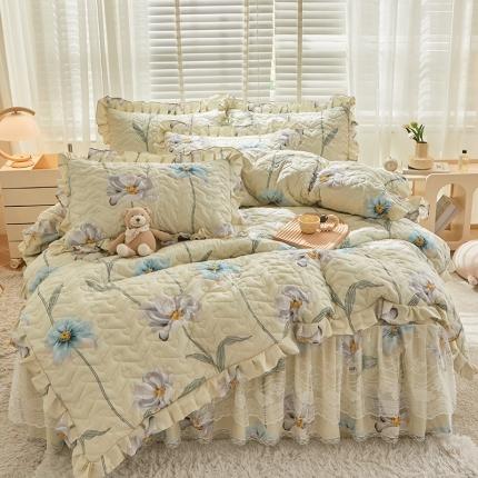 91家纺网 家纺一手货源 找家纺 宜凡家纺 2023新款云朵棉床笠式床裙四件套 忍冬