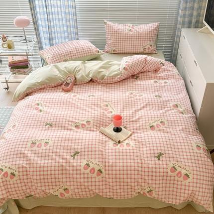 91家纺网 家纺一手货源 找家纺 昔可 2023新款全棉可爱动物卡通印花四件套 格子甜草莓