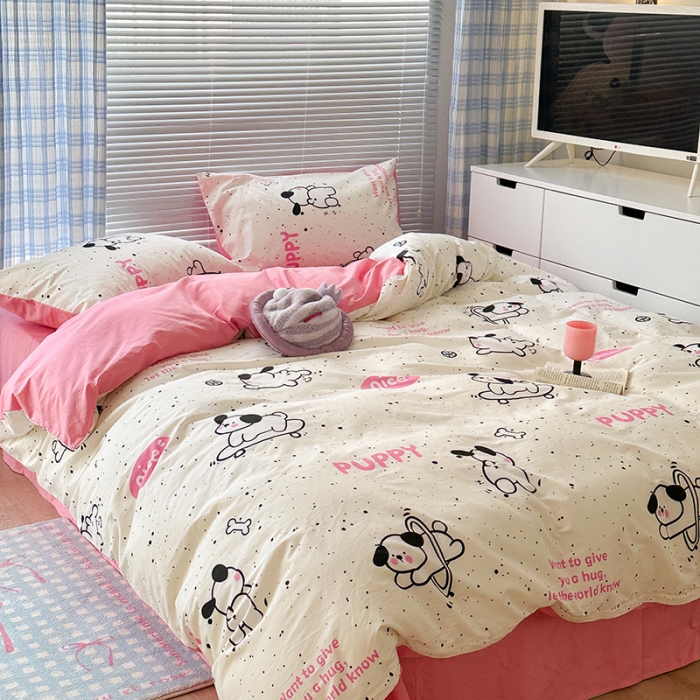 91家纺网 家纺一手货源 找家纺 昔可 2023新款全棉可爱动物卡通印花四件套 滑板狗狗