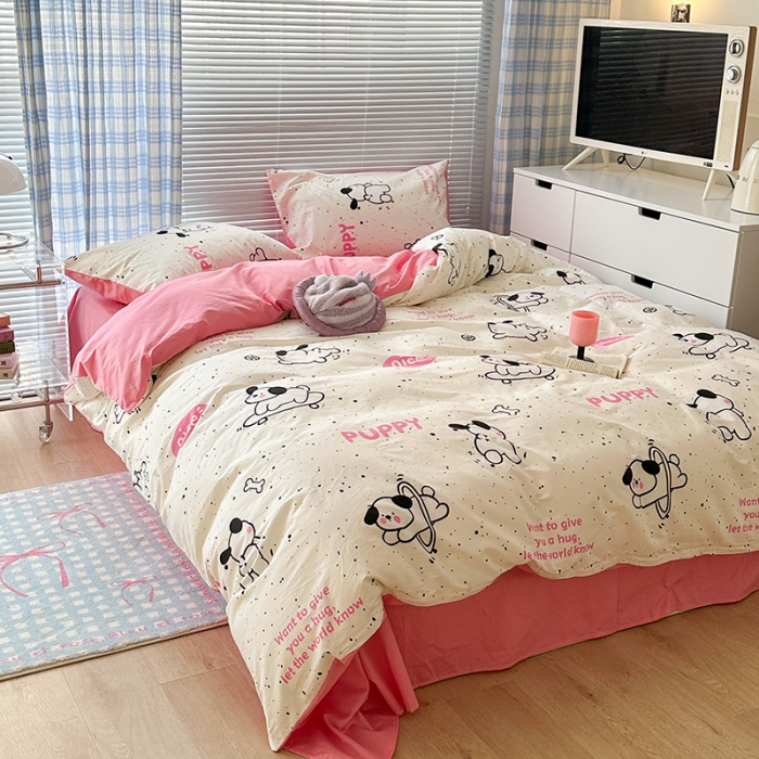 91家纺网 家纺一手货源 找家纺 昔可 2023新款全棉可爱动物卡通印花四件套 滑板狗狗